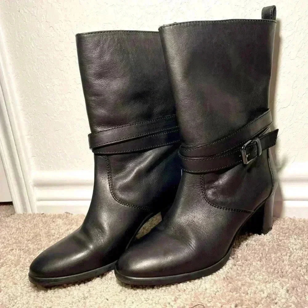 J CREW Extended Calf Black Leather Boots with Buckle Womens Size 7